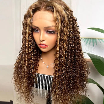 Neobeautyhair Ombre Honey Blonde Money Piece Highlight Lace Front Curly Human Hair Wigs